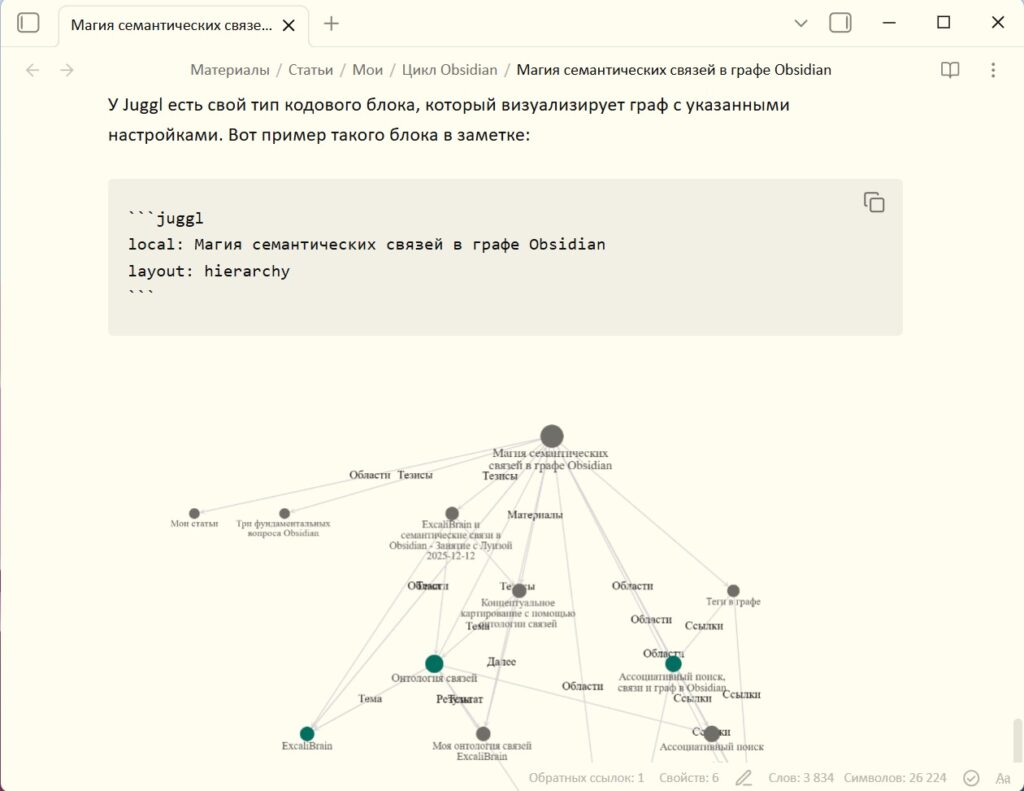 Встроенный граф Juggl в заметке Obsidian